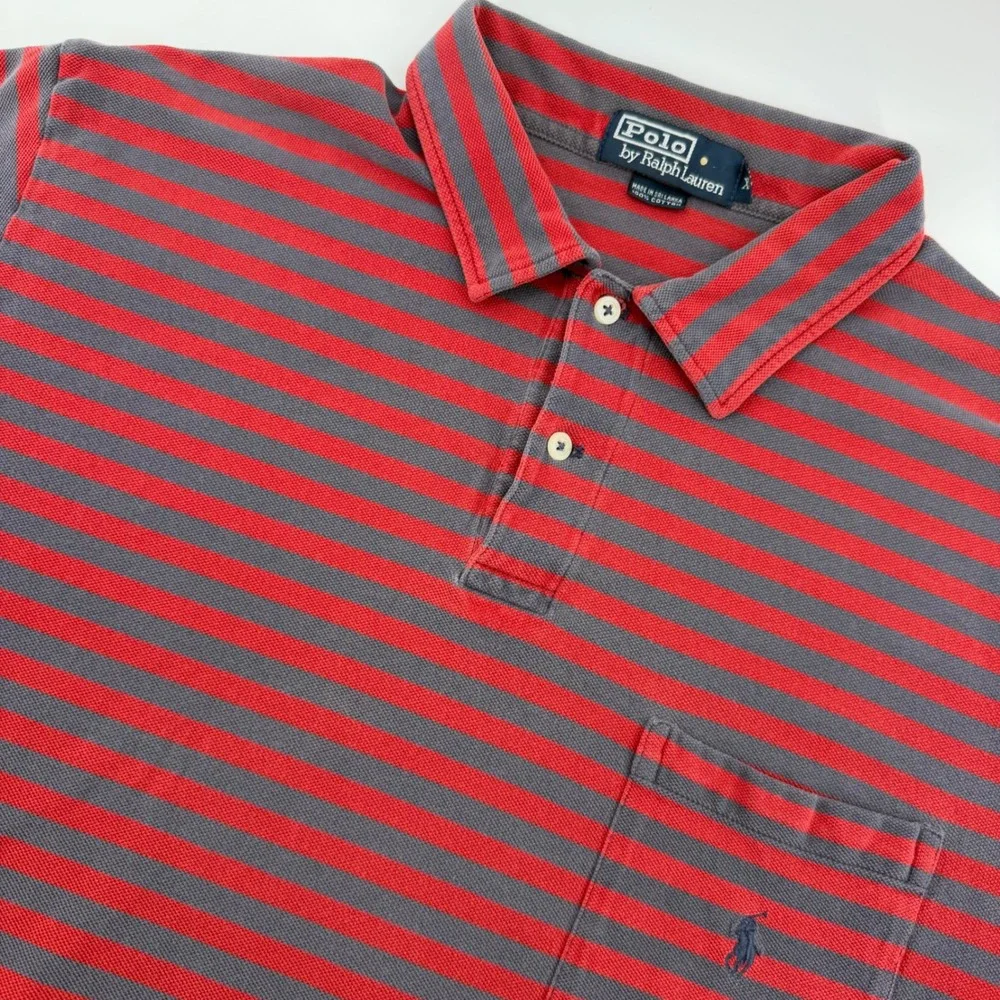 Polo Ralph Lauren Polo Shirt Mens XL Red Grey Striped Pocket Short Sleeve Cotton